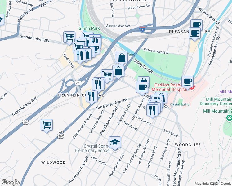 map of restaurants, bars, coffee shops, grocery stores, and more near 2110 Stephenson Avenue Southwest in Roanoke