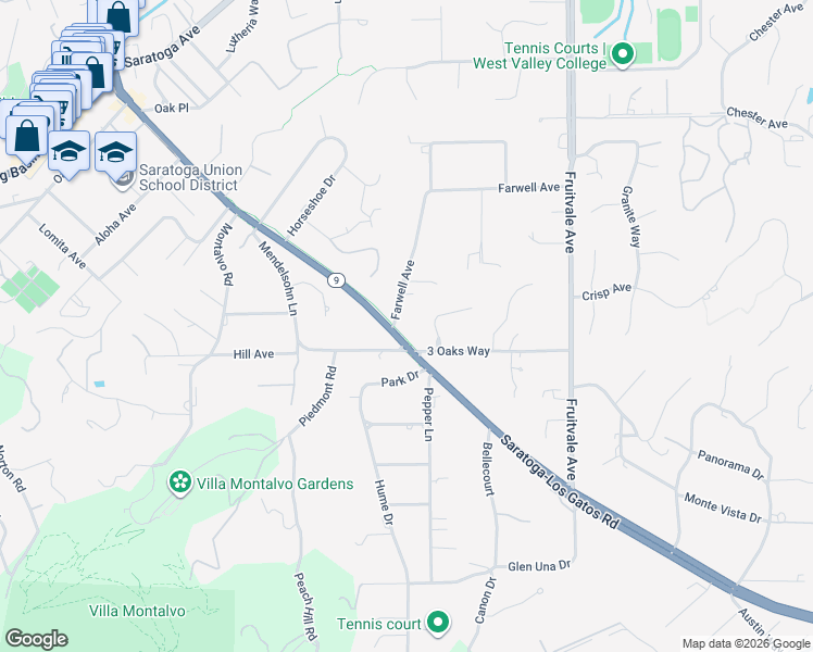 map of restaurants, bars, coffee shops, grocery stores, and more near 14930 Farwell Avenue in Saratoga