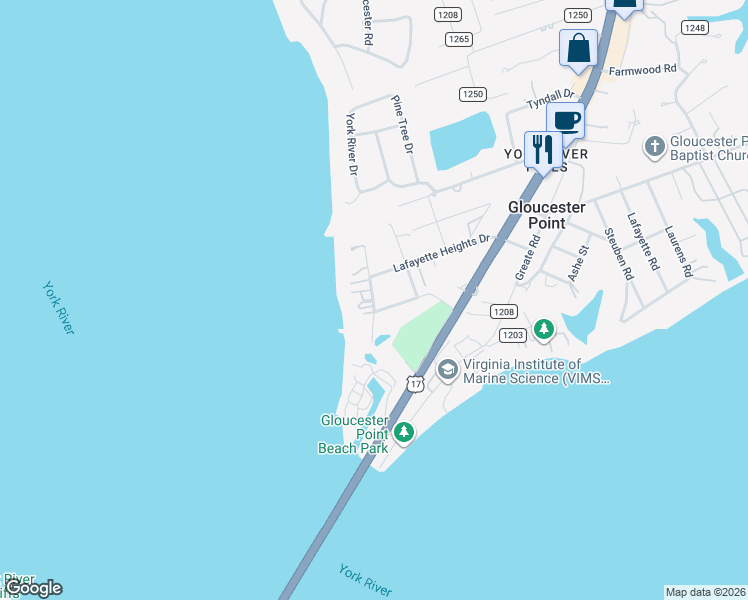 map of restaurants, bars, coffee shops, grocery stores, and more near 1409 State Route 1235 in Gloucester Point