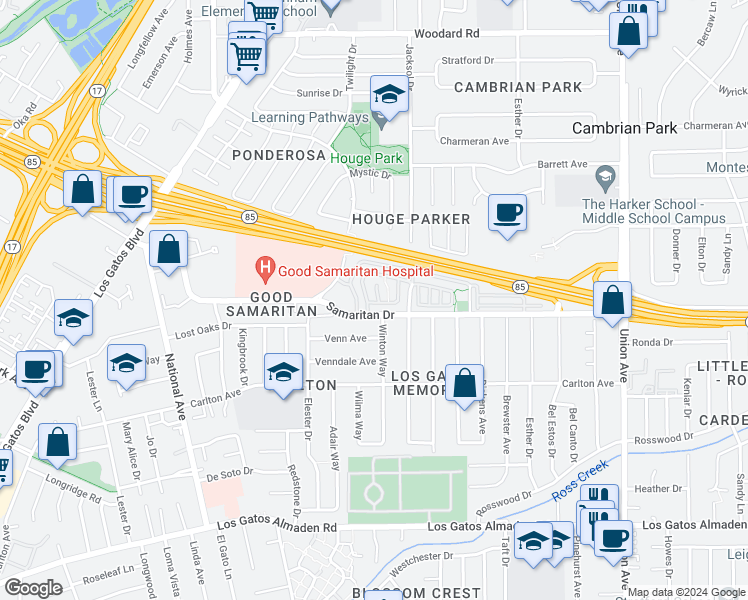 map of restaurants, bars, coffee shops, grocery stores, and more near 2332 Saidel Drive in San Jose