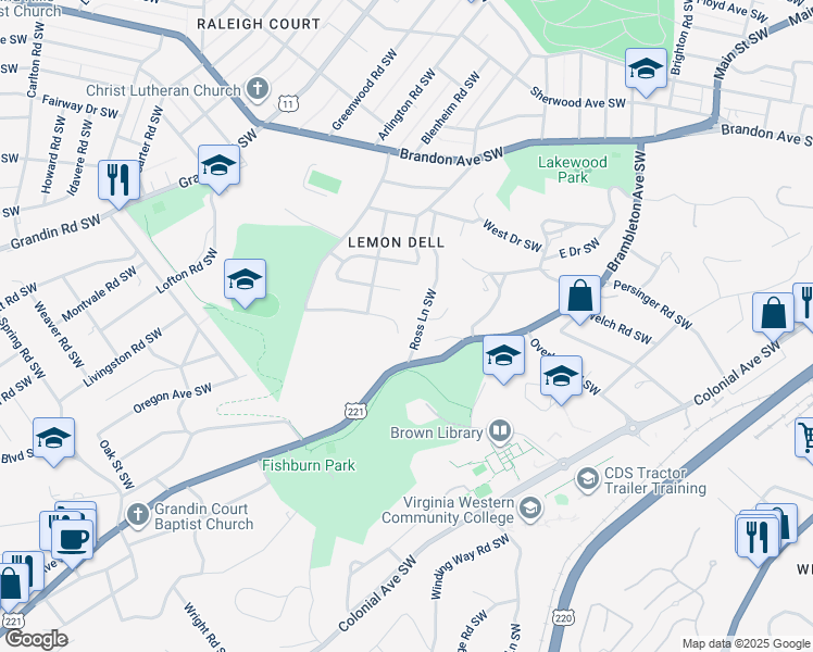 map of restaurants, bars, coffee shops, grocery stores, and more near 1601 Blair Road Southwest in Roanoke