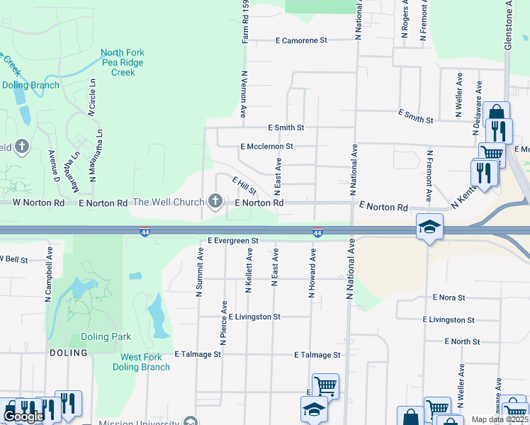 map of restaurants, bars, coffee shops, grocery stores, and more near 930 East Norton Road in Springfield
