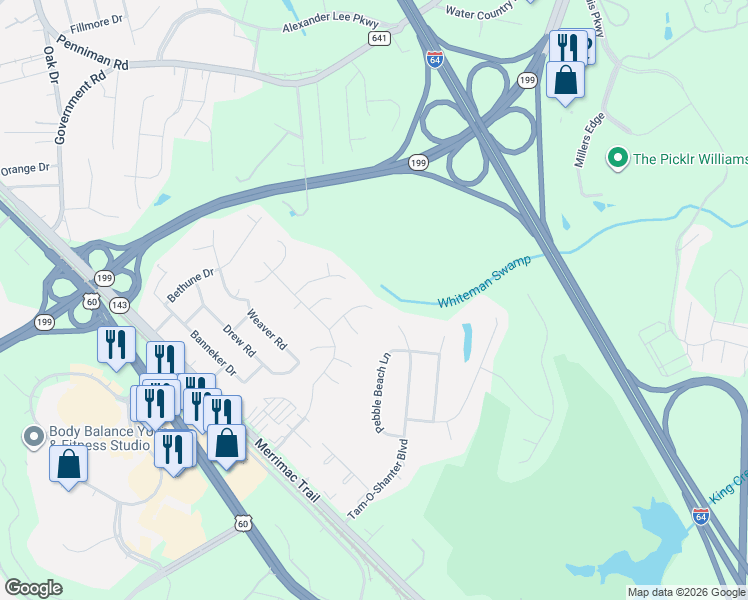 map of restaurants, bars, coffee shops, grocery stores, and more near 715 Lantern Place in Williamsburg