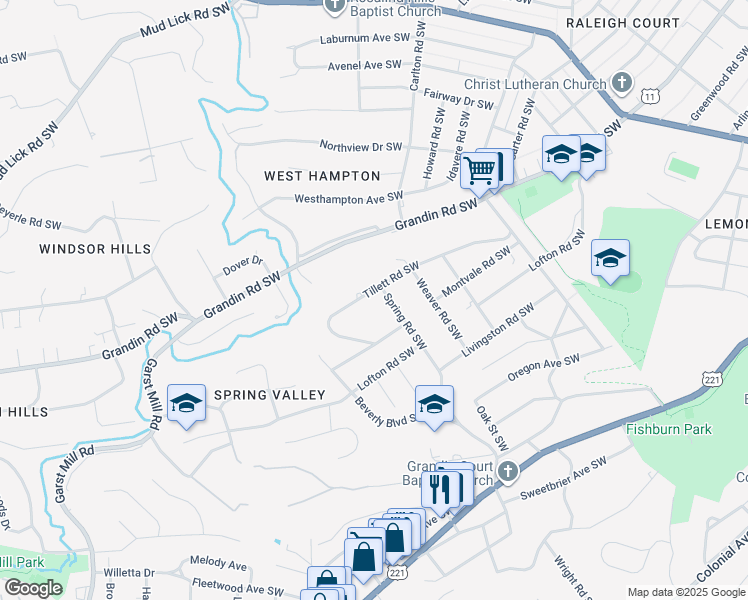 map of restaurants, bars, coffee shops, grocery stores, and more near 2728 Tillett Road Southwest in Roanoke