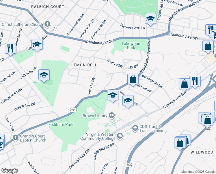map of restaurants, bars, coffee shops, grocery stores, and more near 2250 Sewell Lane Southwest in Roanoke