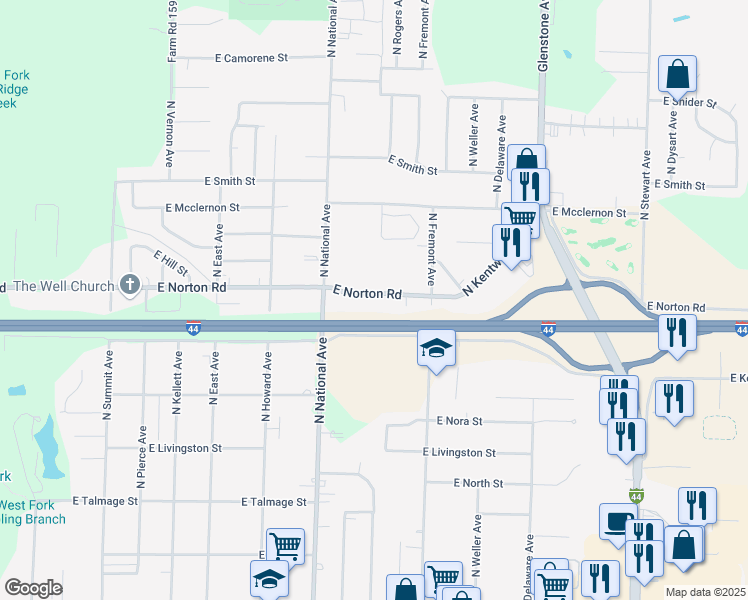 map of restaurants, bars, coffee shops, grocery stores, and more near 1260 East Norton Road in Springfield