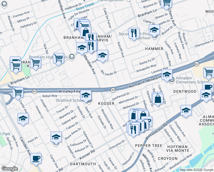 map of restaurants, bars, coffee shops, grocery stores, and more near 5128 Durango Court in San Jose