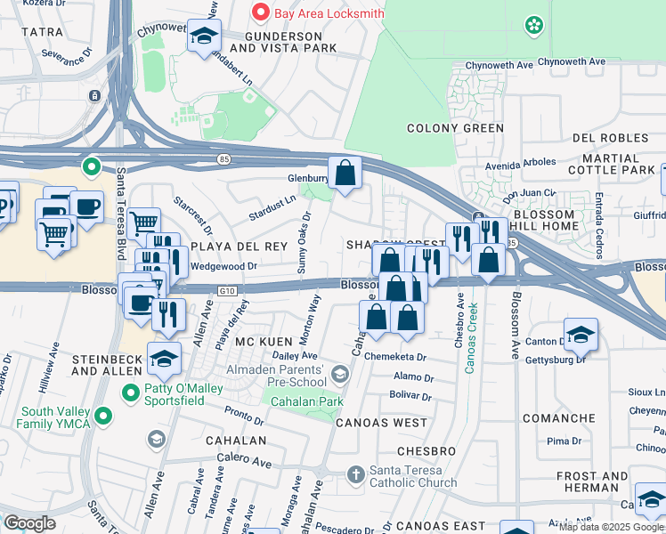 map of restaurants, bars, coffee shops, grocery stores, and more near 5586 Cooney Place in San Jose