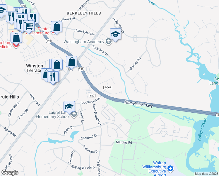 map of restaurants, bars, coffee shops, grocery stores, and more near 216 Brookwood Drive in Williamsburg
