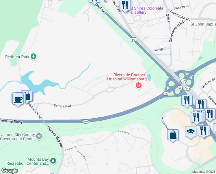 map of restaurants, bars, coffee shops, grocery stores, and more near 3999 Battery Boulevard in Williamsburg