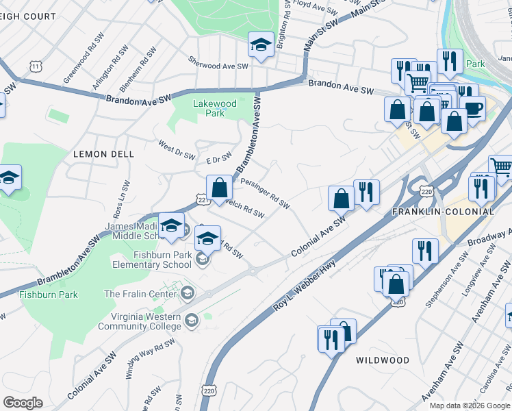 map of restaurants, bars, coffee shops, grocery stores, and more near 1130 Welch Road Southwest in Roanoke