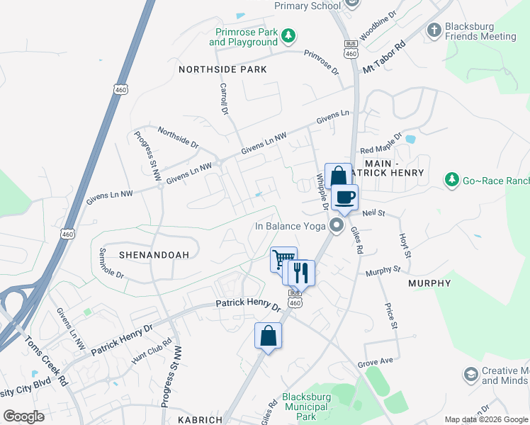 map of restaurants, bars, coffee shops, grocery stores, and more near 427 Janie Lane in Blacksburg