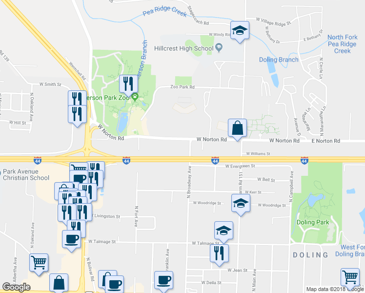 map of restaurants, bars, coffee shops, grocery stores, and more near 1116 West Norton Road in Springfield
