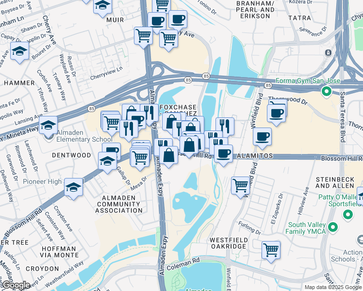 map of restaurants, bars, coffee shops, grocery stores, and more near 1051 Blossom Hill Road in San Jose