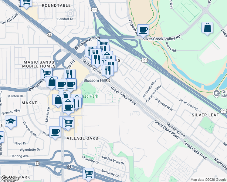 map of restaurants, bars, coffee shops, grocery stores, and more near 230 Ellicott Loop in San Jose