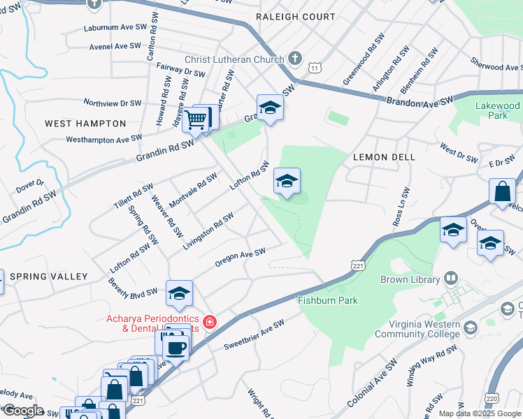 map of restaurants, bars, coffee shops, grocery stores, and more near 2816 Guilford Avenue Southwest in Roanoke