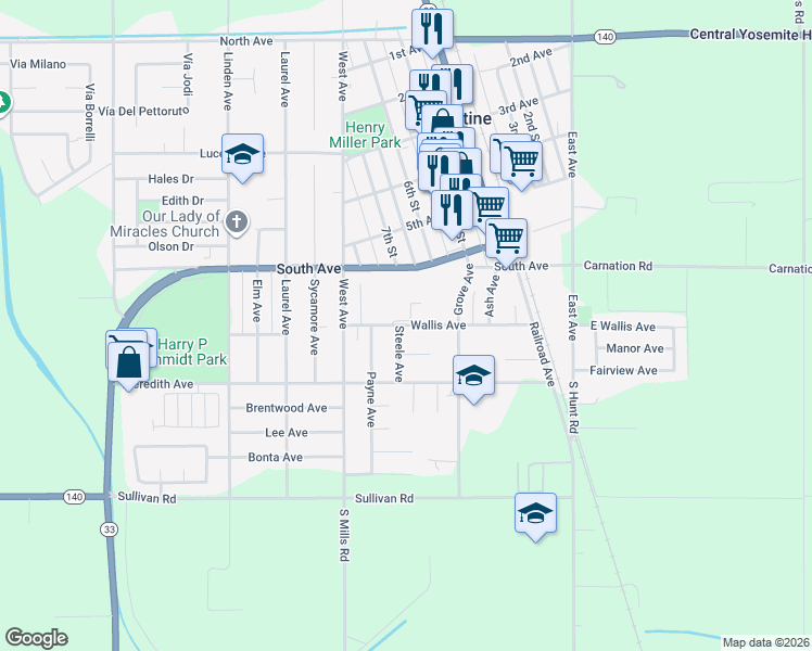 map of restaurants, bars, coffee shops, grocery stores, and more near 685 Wallis Avenue in Gustine