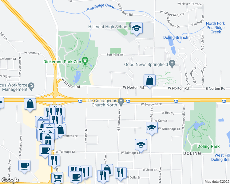 map of restaurants, bars, coffee shops, grocery stores, and more near 1026 West Norton Road in Springfield
