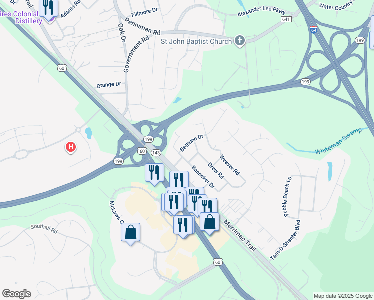 map of restaurants, bars, coffee shops, grocery stores, and more near 103 Bethune Drive in Williamsburg