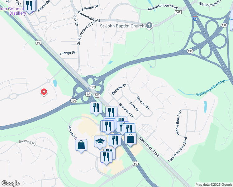 map of restaurants, bars, coffee shops, grocery stores, and more near 103 Bethune Drive in Williamsburg