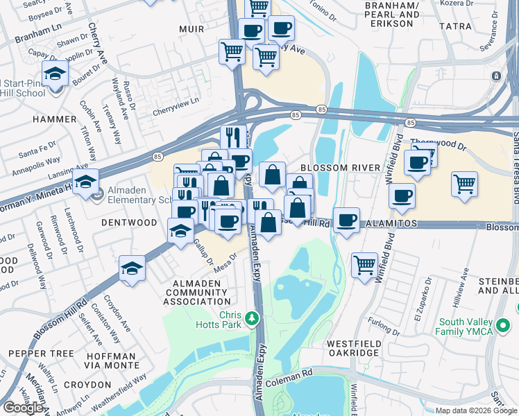 map of restaurants, bars, coffee shops, grocery stores, and more near 1099 Blossom Hill Road in San Jose