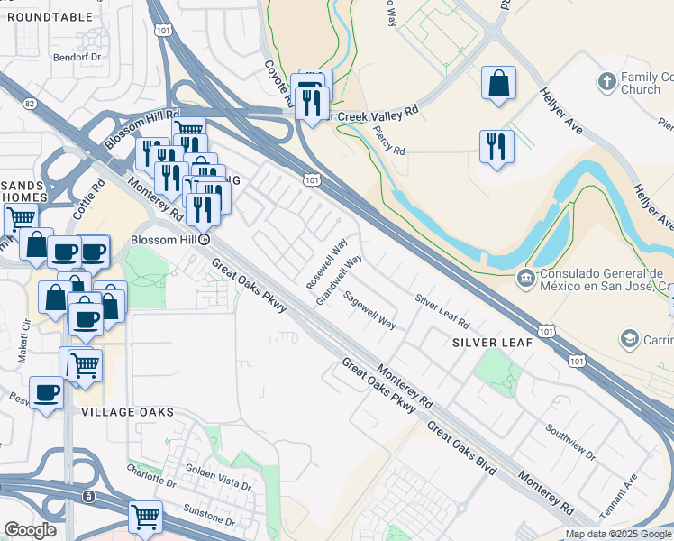 map of restaurants, bars, coffee shops, grocery stores, and more near 73 Grandwell Way in San Jose