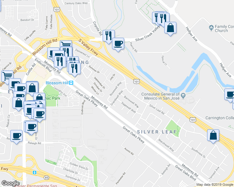 map of restaurants, bars, coffee shops, grocery stores, and more near 73 Grandwell Way in San Jose