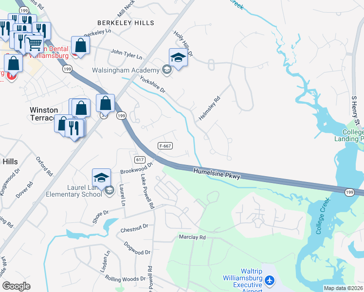 map of restaurants, bars, coffee shops, grocery stores, and more near 125 Brockton Court in Williamsburg