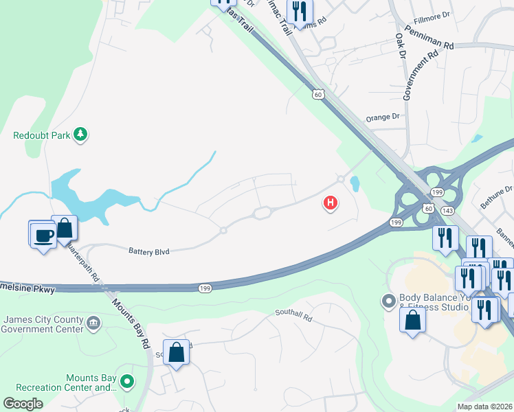 map of restaurants, bars, coffee shops, grocery stores, and more near 3999 Battery Boulevard in Williamsburg