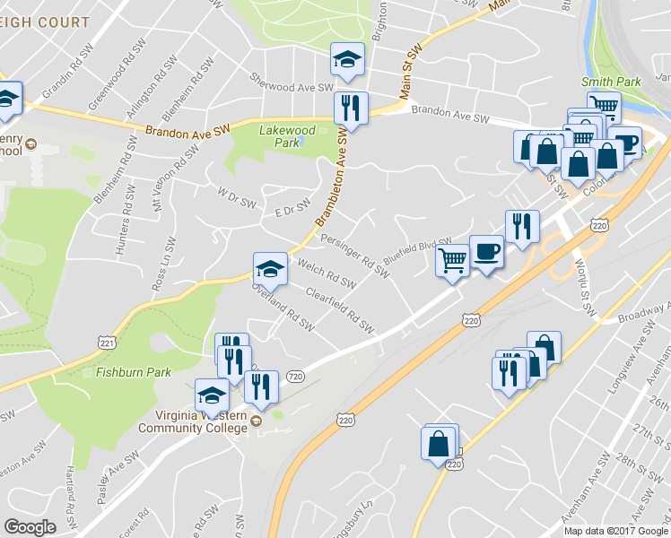 map of restaurants, bars, coffee shops, grocery stores, and more near 1127 Welch Road Southwest in Roanoke