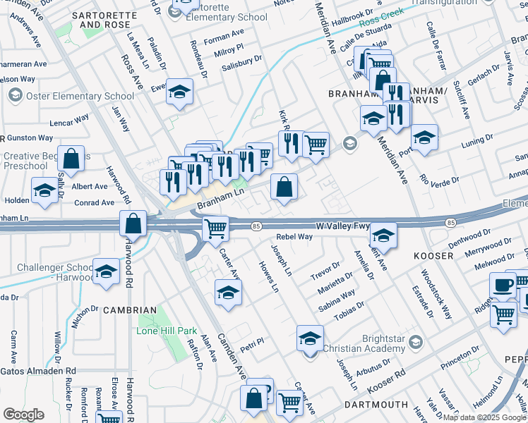 map of restaurants, bars, coffee shops, grocery stores, and more near 4870 Pine Forest Place in San Jose