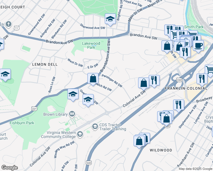 map of restaurants, bars, coffee shops, grocery stores, and more near 1127 Welch Road Southwest in Roanoke