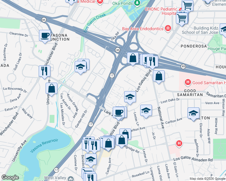 map of restaurants, bars, coffee shops, grocery stores, and more near 16435 Bennett Way in Los Gatos