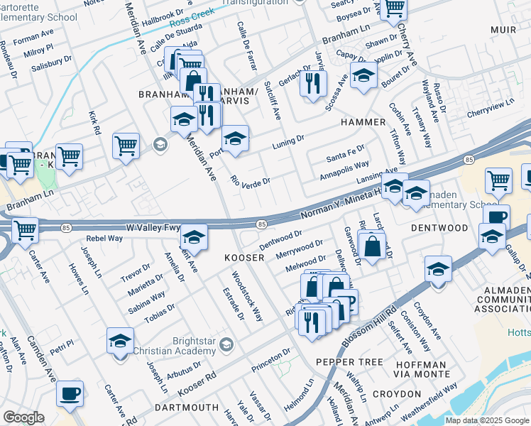 map of restaurants, bars, coffee shops, grocery stores, and more near 5146 El Roble Court in San Jose