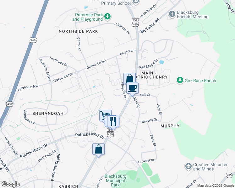 map of restaurants, bars, coffee shops, grocery stores, and more near 1509 Whipple Drive in Blacksburg