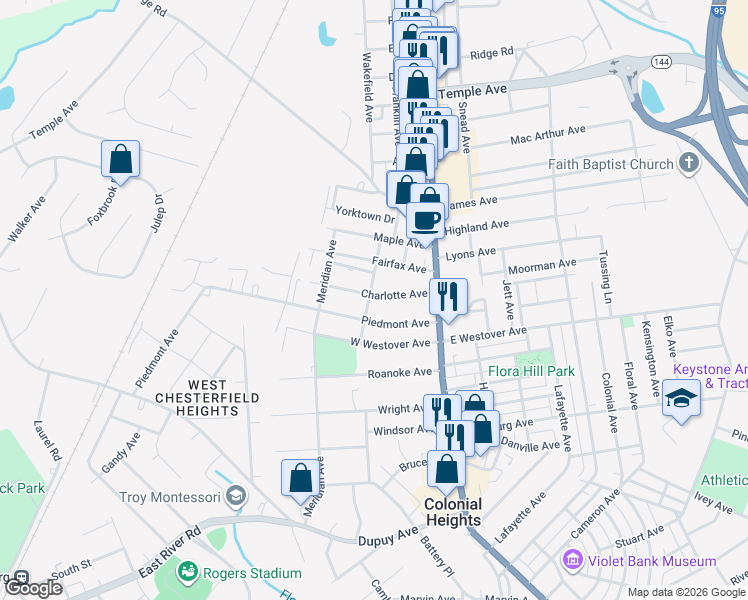 map of restaurants, bars, coffee shops, grocery stores, and more near 149 Charlotte Avenue in Colonial Heights