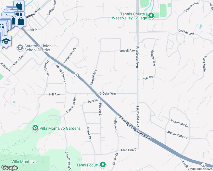 map of restaurants, bars, coffee shops, grocery stores, and more near 14918 3 Oaks Court in Saratoga