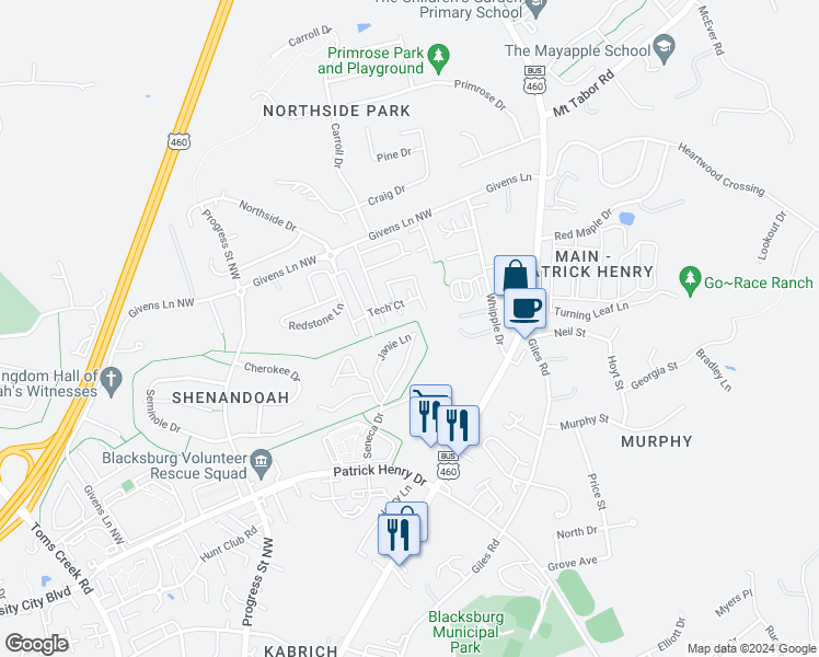 map of restaurants, bars, coffee shops, grocery stores, and more near 443 Janie Lane in Blacksburg