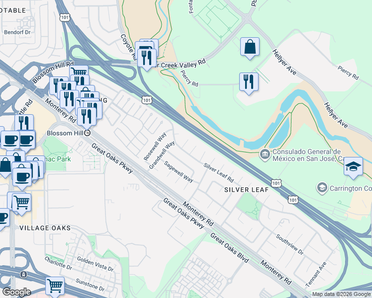 map of restaurants, bars, coffee shops, grocery stores, and more near 5648 Silver Leaf Road in San Jose
