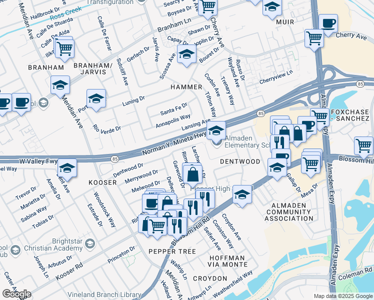 map of restaurants, bars, coffee shops, grocery stores, and more near 5263 Larchwood Drive in San Jose