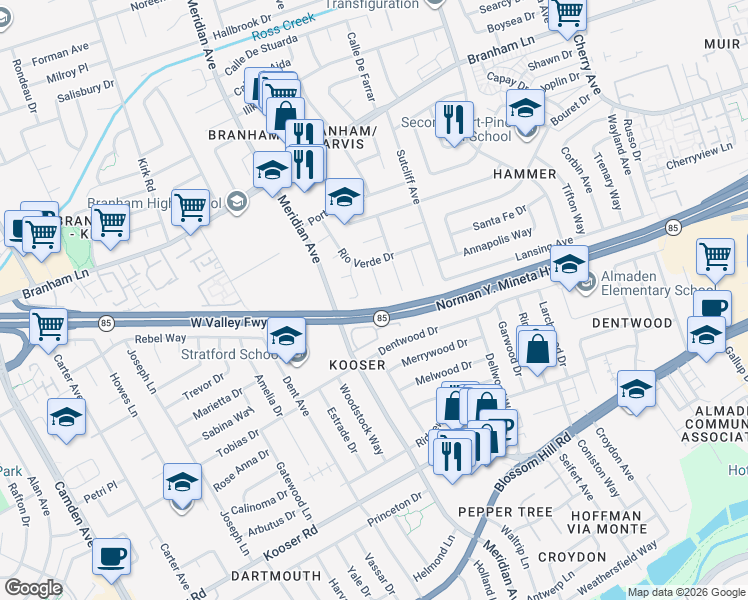 map of restaurants, bars, coffee shops, grocery stores, and more near 5128 Durango Court in San Jose