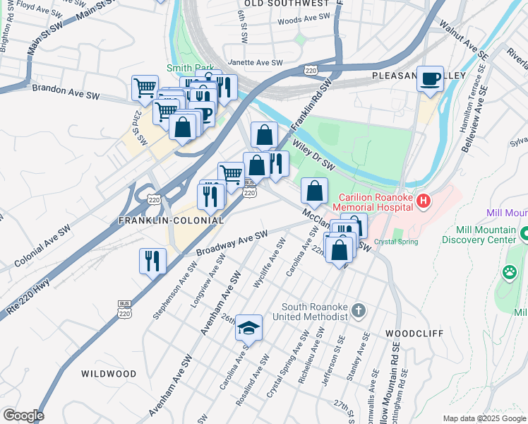map of restaurants, bars, coffee shops, grocery stores, and more near 2102 Stephenson Avenue Southwest in Roanoke