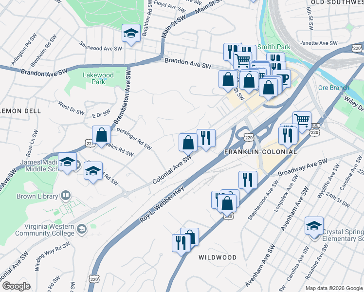 map of restaurants, bars, coffee shops, grocery stores, and more near 2717 Colonial Avenue Southwest in Roanoke