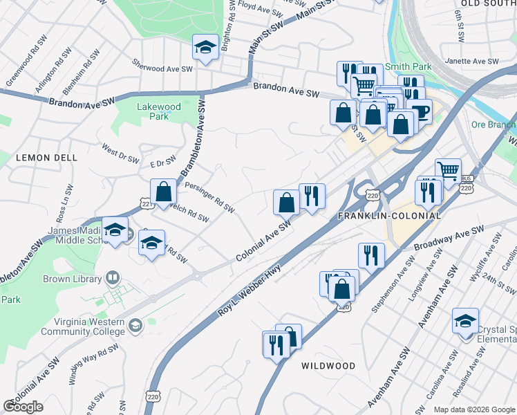 map of restaurants, bars, coffee shops, grocery stores, and more near 2756 Thorndale Street Southwest in Roanoke