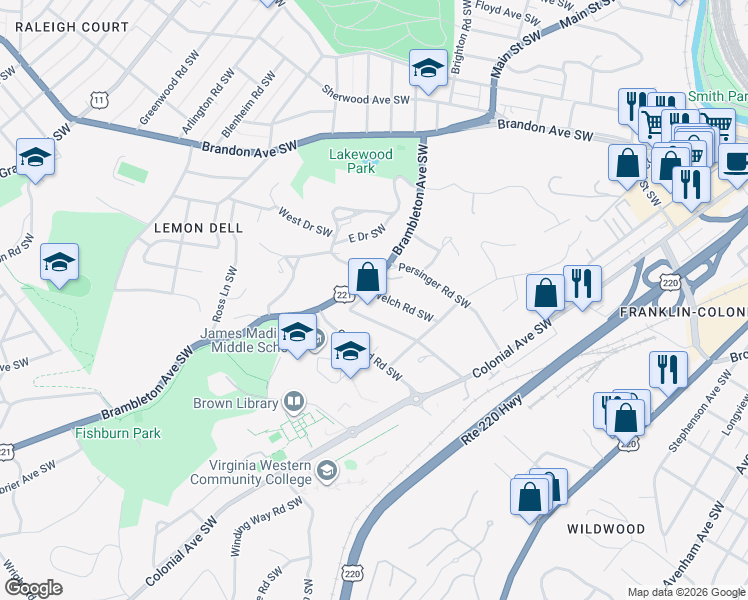 map of restaurants, bars, coffee shops, grocery stores, and more near 1155 Clearfield Rd SW in Roanoke