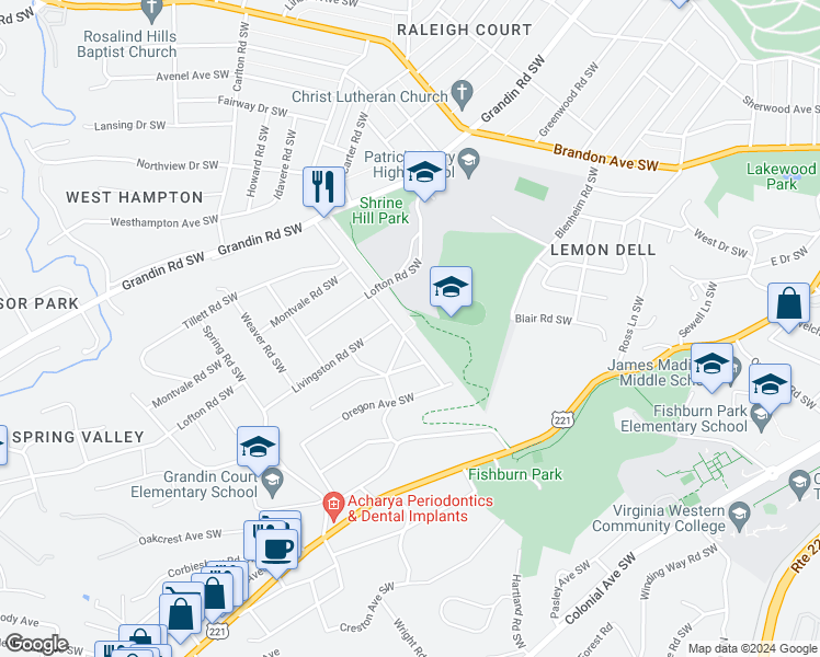 map of restaurants, bars, coffee shops, grocery stores, and more near 2816 Guilford Avenue Southwest in Roanoke