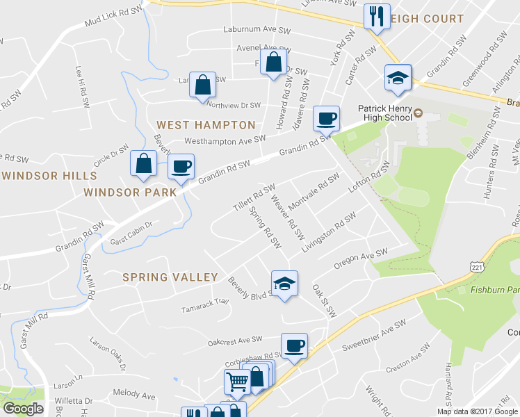 map of restaurants, bars, coffee shops, grocery stores, and more near 2524 Spring Road Southwest in Roanoke