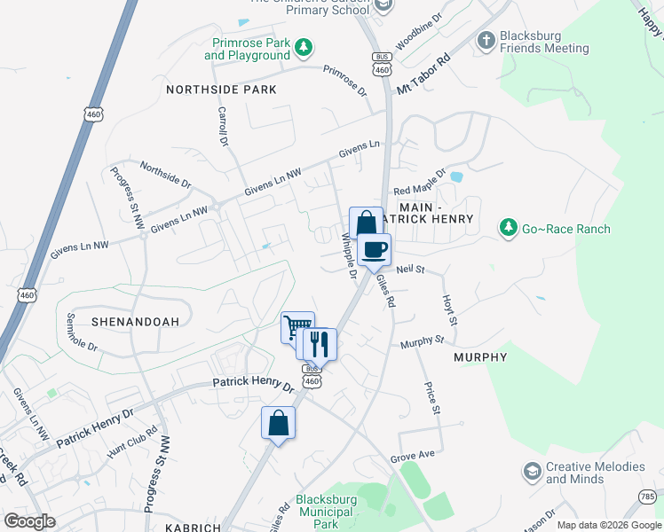 map of restaurants, bars, coffee shops, grocery stores, and more near 1509 Whipple Drive in Blacksburg