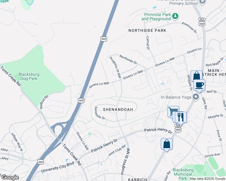 map of restaurants, bars, coffee shops, grocery stores, and more near 701 Givens Lane in Blacksburg