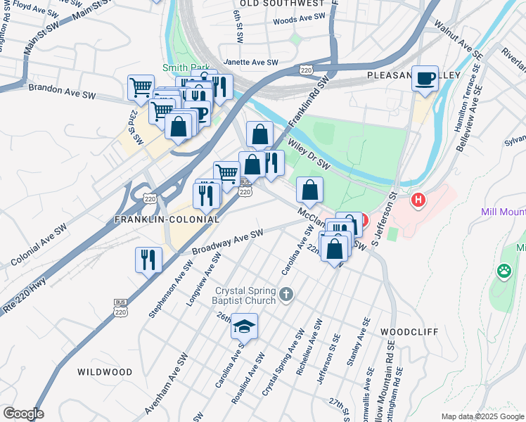 map of restaurants, bars, coffee shops, grocery stores, and more near 2102 Stephenson Avenue Southwest in Roanoke